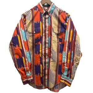 Vintage Wrangler Shirt Men 16 35 Aztec Cowboy Cut Button Up XL Tails Western USA